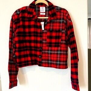 Girls Gap Cropped Red & Black Cotton Plaid Flannel Shirt Top 14-16 XXL NWT